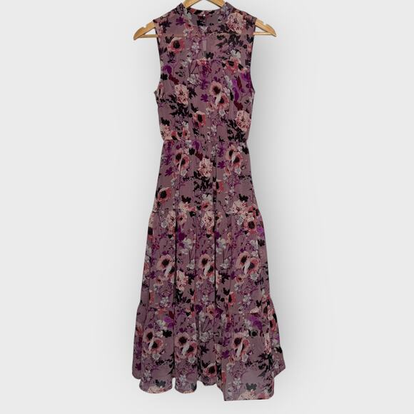 Lulus In My Dreams Mauve Floral Midi Dress XS Tiered Mock Neck Flowy Cottagecore - Picture 1 of 12